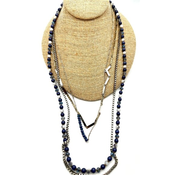 Mixed Blue Gray Multi Chain Beaded Necklace Officecore Colorful Versatile Looks - Picture 2 of 6